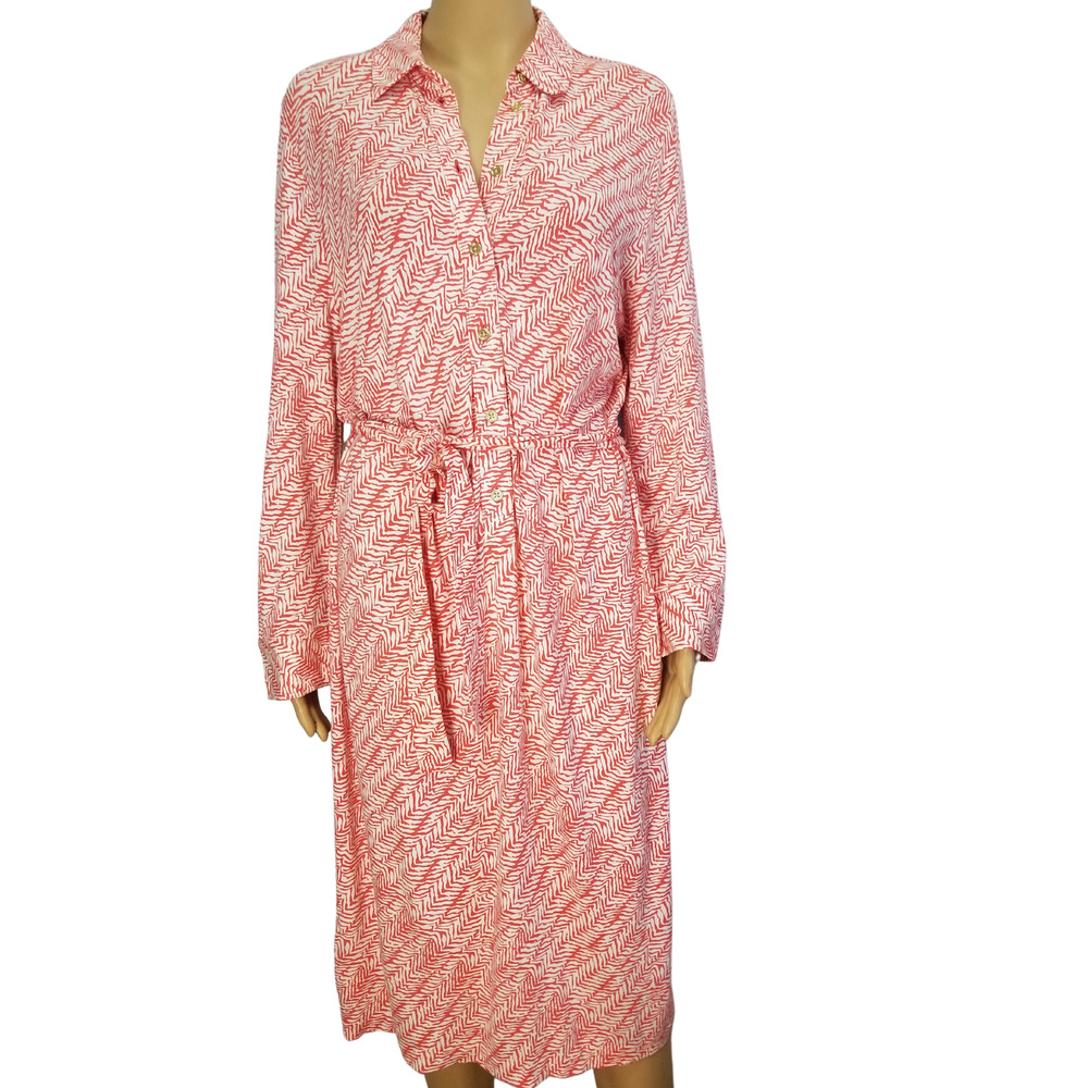 TALBOTS | SHIRT DRESS Chevron Print Belted Collar Long Sleeves Midi Size Medium